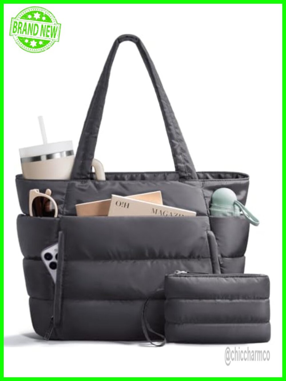 Puffer Tote Bag Lightweight Polyester Travel Gym Work Shoulder Bag